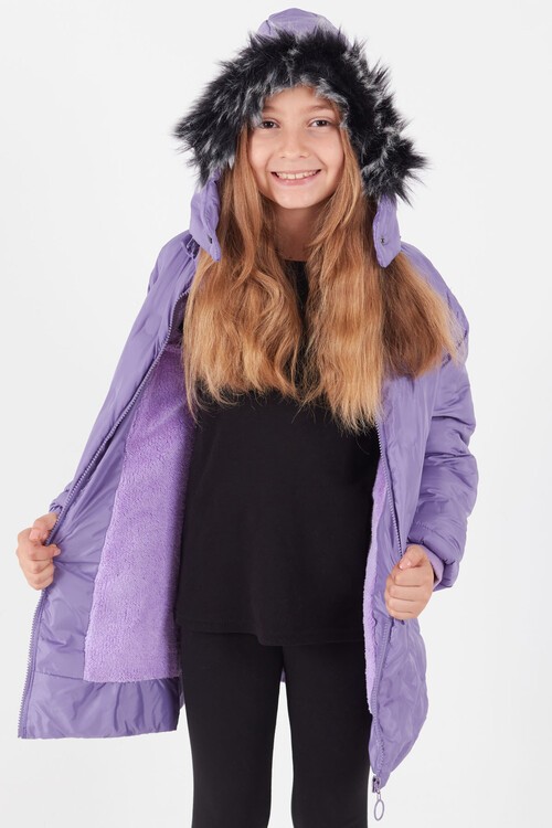 Kız Çocuk Mont Daire Desenli Kapüşonlu Şişme Mont 14575