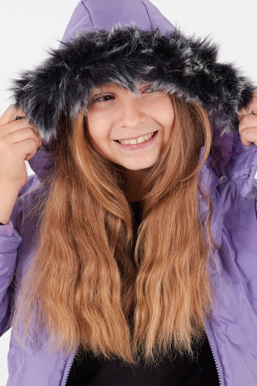 Kız Çocuk Mont Daire Desenli Kapüşonlu Şişme Mont 14575