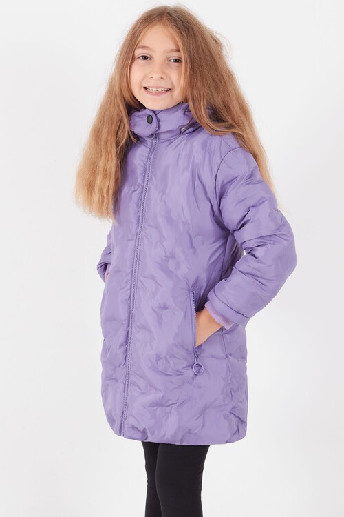 Kız Çocuk Mont Daire Desenli Kapüşonlu Şişme Mont 14575