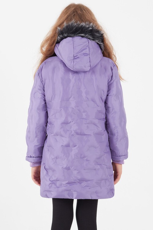 Kız Çocuk Mont Daire Desenli Kapüşonlu Şişme Mont 14575