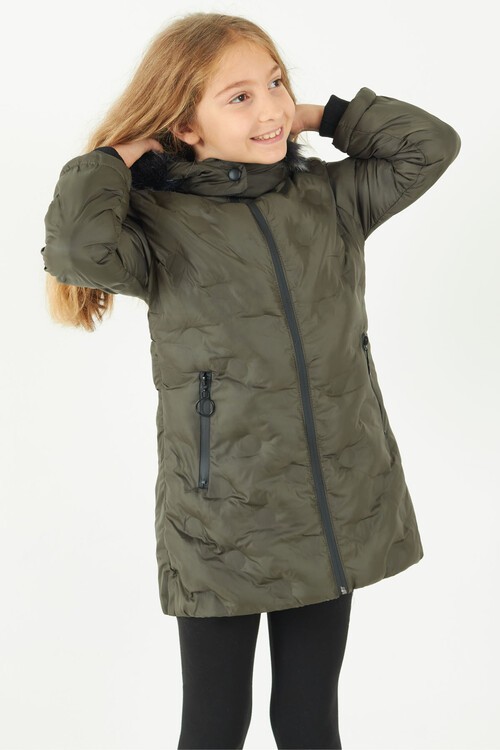 Kız Çocuk Mont Daire Desenli Kapüşonlu Şişme Mont 14575