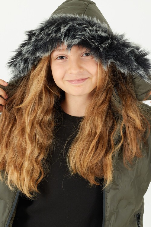 Kız Çocuk Mont Daire Desenli Kapüşonlu Şişme Mont 14575