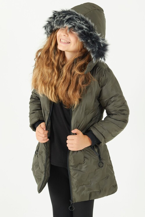 Kız Çocuk Mont Daire Desenli Kapüşonlu Şişme Mont 14575