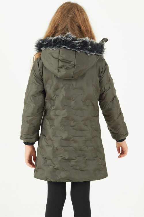 Kız Çocuk Mont Daire Desenli Kapüşonlu Şişme Mont 14575