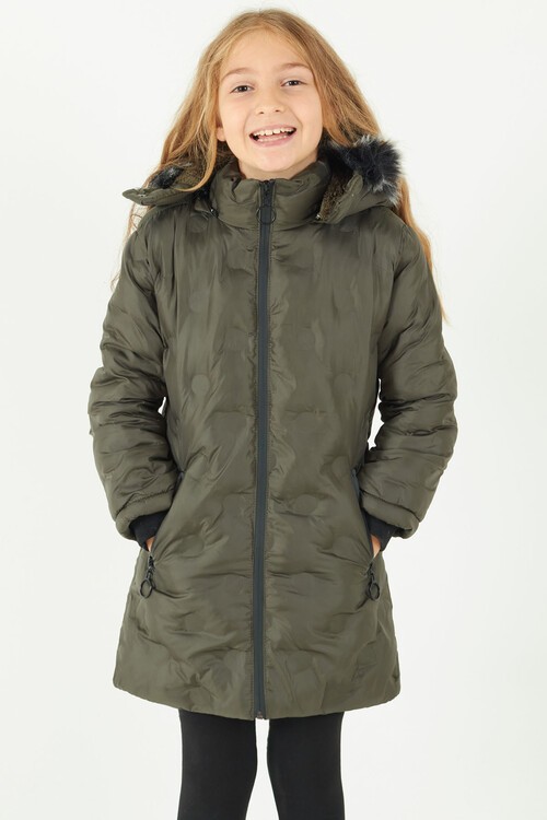 Kız Çocuk Mont Daire Desenli Kapüşonlu Şişme Mont 14575