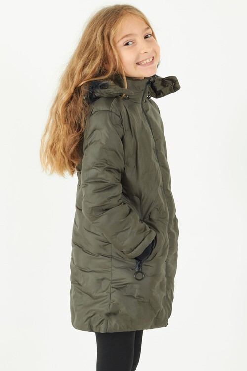 Kız Çocuk Mont Daire Desenli Kapüşonlu Şişme Mont 14575