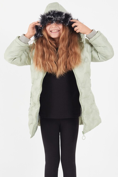 Kız Çocuk Mont Daire Desenli Kapüşonlu Şişme Mont 14575