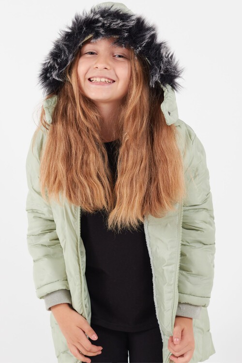 Kız Çocuk Mont Daire Desenli Kapüşonlu Şişme Mont 14575