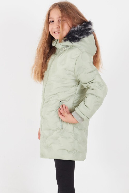 Kız Çocuk Mont Daire Desenli Kapüşonlu Şişme Mont 14575