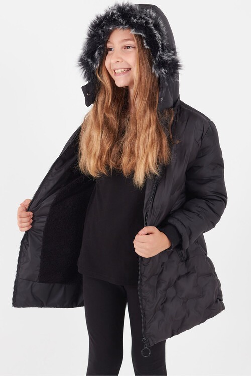 Kız Çocuk Mont Daire Desenli Kapüşonlu Şişme Mont 14575