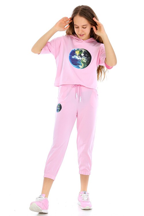Kız Çocuk Dünya Baskılı Kapşonlu Takım 10-15 Yaş 13875