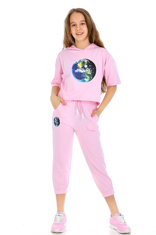 Kız Çocuk Dünya Baskılı Kapşonlu Takım 10-15 Yaş 13875