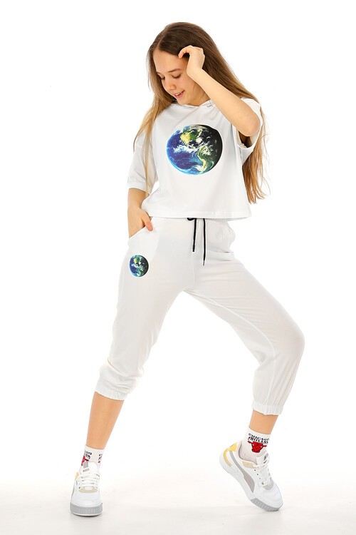 Kız Çocuk Dünya Baskılı Kapşonlu Takım 10-15 Yaş 13875