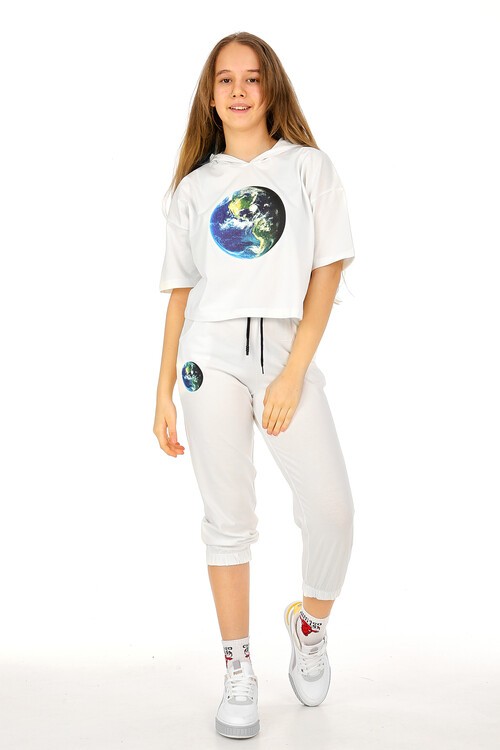 Kız Çocuk Dünya Baskılı Kapşonlu Takım 10-15 Yaş 13875