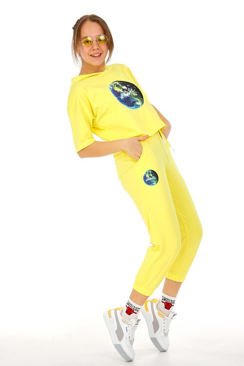 Kız Çocuk Dünya Baskılı Kapşonlu Takım 10-15 Yaş 13875