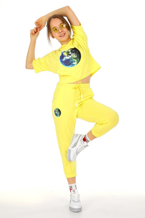 Kız Çocuk Dünya Baskılı Kapşonlu Takım 10-15 Yaş 13875