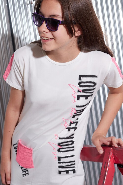 Kız Çocuk Ekru Simli Yazı Baskı 6-13 Yaş T-Shirt 1963-2
