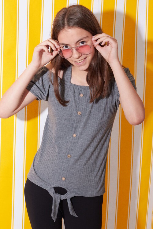 Kız Çocuk Füme  Düğmeli 8-14 Yaş Askılı Body 4716-2