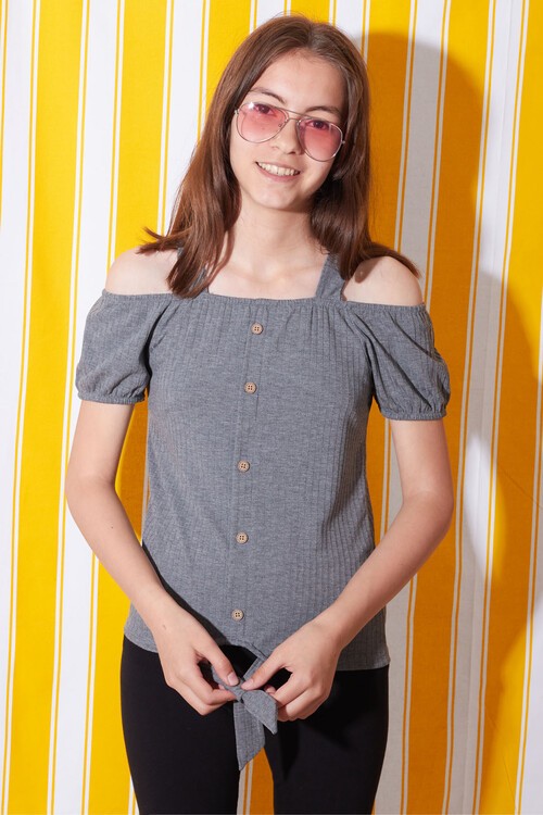 Kız Çocuk Füme  Düğmeli 8-14 Yaş Askılı Body 4716-2