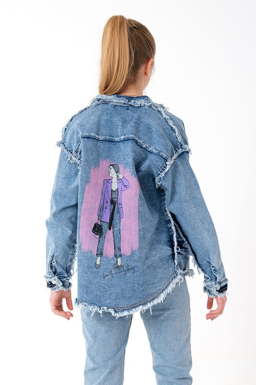 Kız Çocuk İndigo Püsküllü Jean Ceket 8-14 Yaş 13925