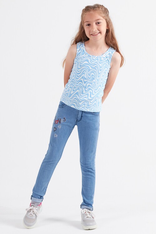 Kız Çocuk Kalp Nakışlı Jean Pantolon 2-12 Yaş 13882