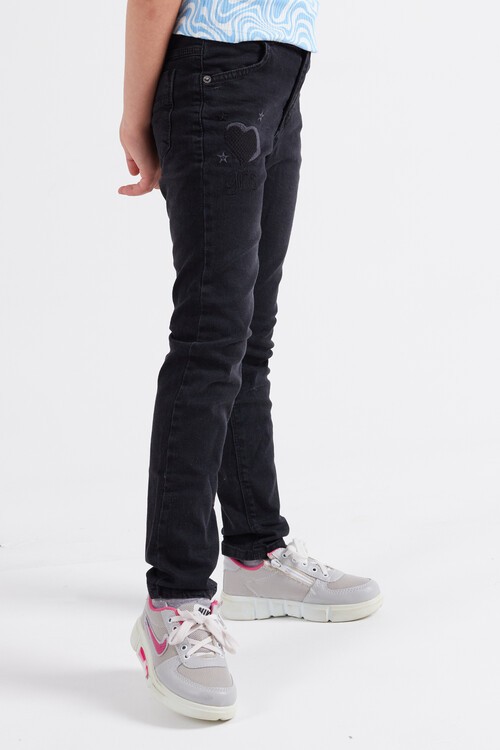 Kız Çocuk Kalp Nakışlı Ayarlanabilir Bel Jean Pantolon 13922