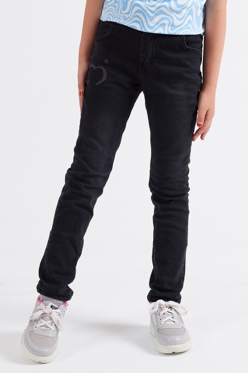 Kız Çocuk Kalp Nakışlı Ayarlanabilir Bel Jean Pantolon 13922