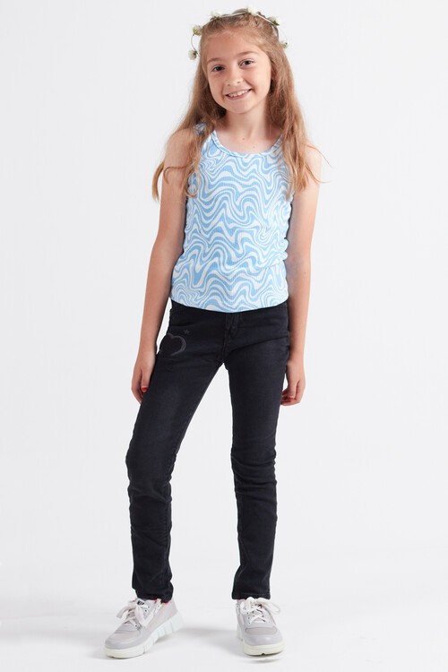 Kız Çocuk Kalp Nakışlı Ayarlanabilir Bel Jean Pantolon 13922