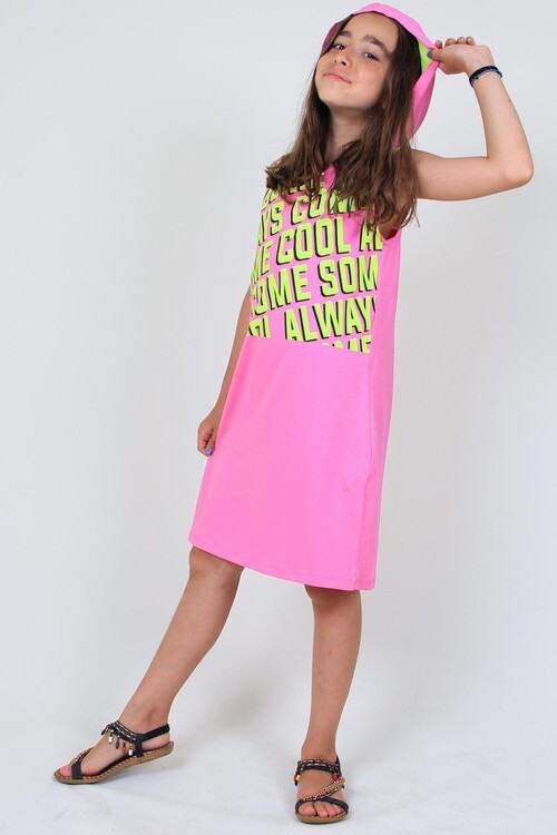 Kız Çocuk Kapüşonlu Elbise-Yazı Baskılı 14523