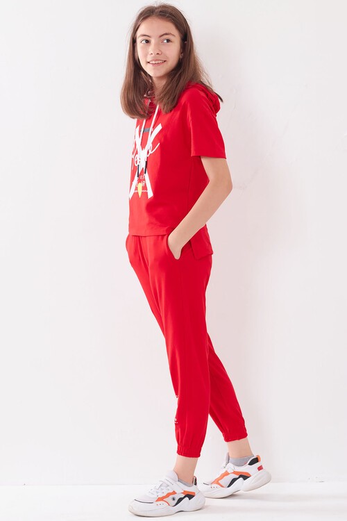 Kız Çocuk Kapüşonlu Kalp Baskılı Yazlık Takım 7-14 Yaş 13840