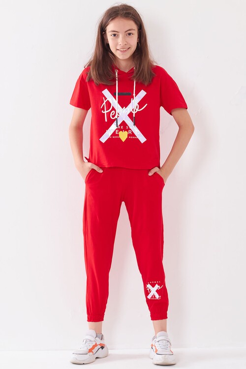 Kız Çocuk Kapüşonlu Kalp Baskılı Yazlık Takım 7-14 Yaş 13840