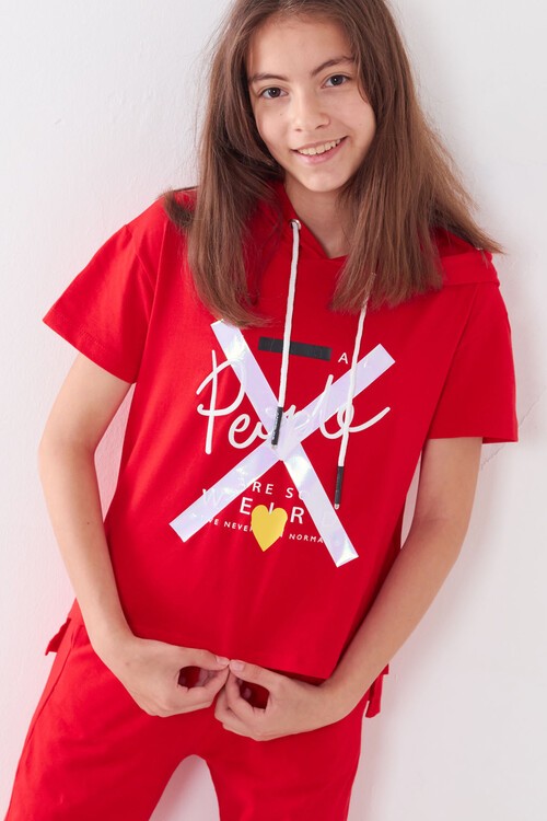 Kız Çocuk Kapüşonlu Kalp Baskılı Yazlık Takım 7-14 Yaş 13840