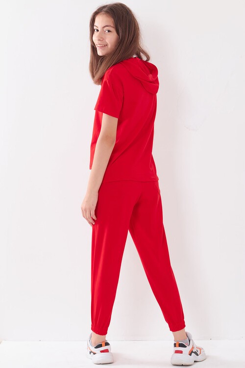 Kız Çocuk Kapüşonlu Kalp Baskılı Yazlık Takım 7-14 Yaş 13840