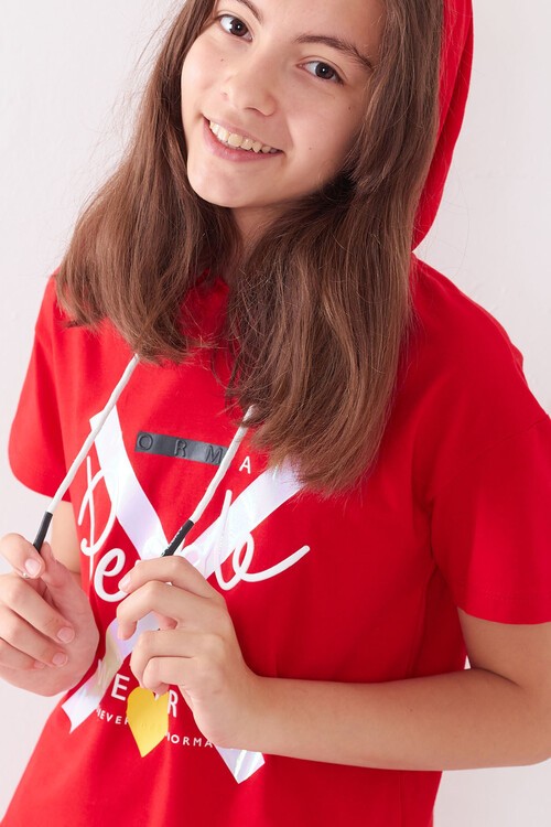 Kız Çocuk Kapüşonlu Kalp Baskılı Yazlık Takım 7-14 Yaş 13840