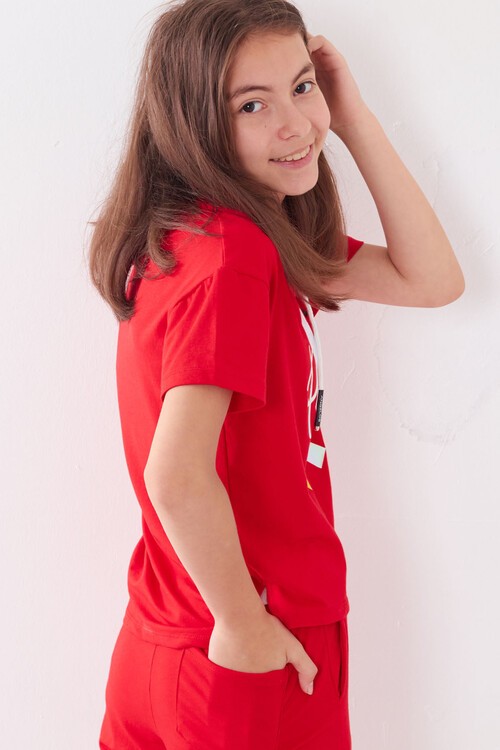 Kız Çocuk Kapüşonlu Kalp Baskılı Yazlık Takım 7-14 Yaş 13840