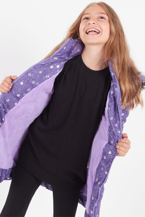 Kız Çocuk Mont Kar Desenli Kapüşonlu Şişme Mont 14530