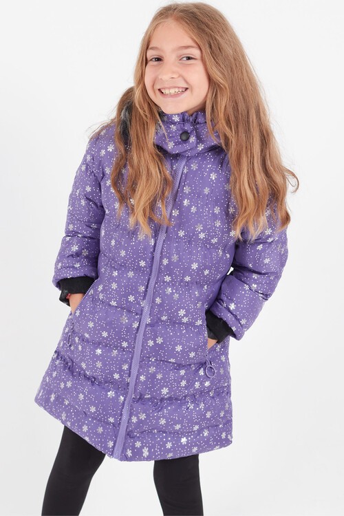 Kız Çocuk Mont Kar Desenli Kapüşonlu Şişme Mont 14530