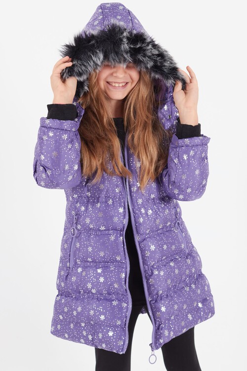 Kız Çocuk Mont Kar Desenli Kapüşonlu Şişme Mont 14530