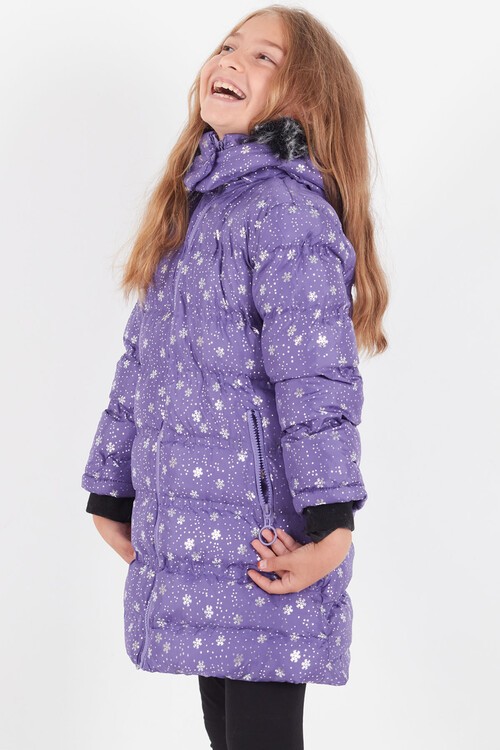 Kız Çocuk Mont Kar Desenli Kapüşonlu Şişme Mont 14530