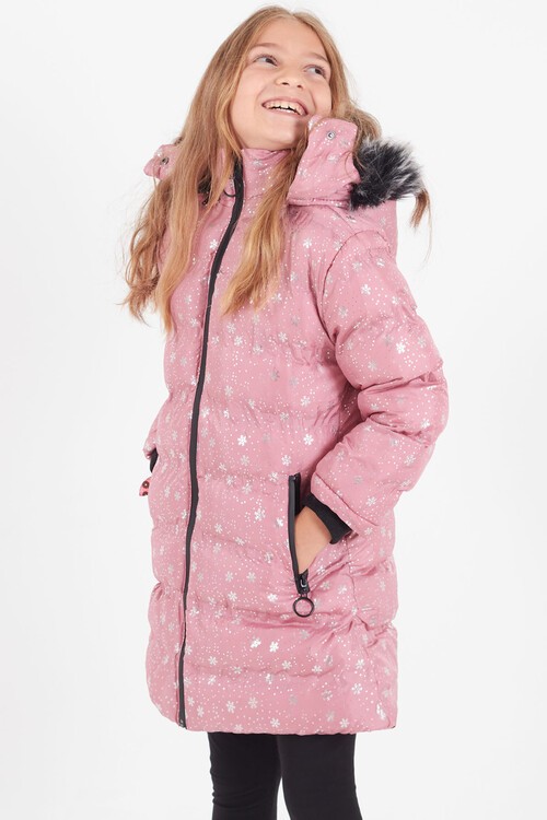 Kız Çocuk Mont Kar Desenli Kapüşonlu Şişme Mont 14530
