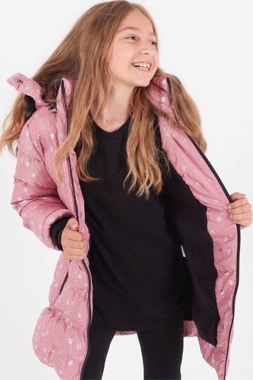 Kız Çocuk Mont Kar Desenli Kapüşonlu Şişme Mont 14530