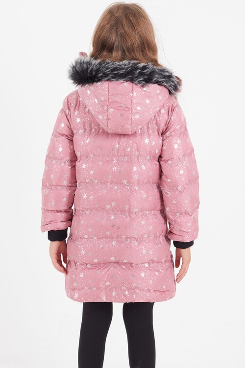Kız Çocuk Mont Kar Desenli Kapüşonlu Şişme Mont 14530