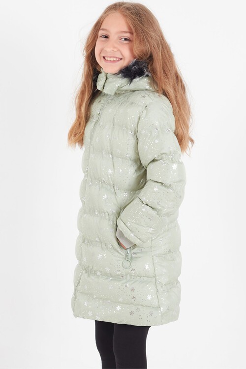 Kız Çocuk Mont Kar Desenli Kapüşonlu Şişme Mont 14530