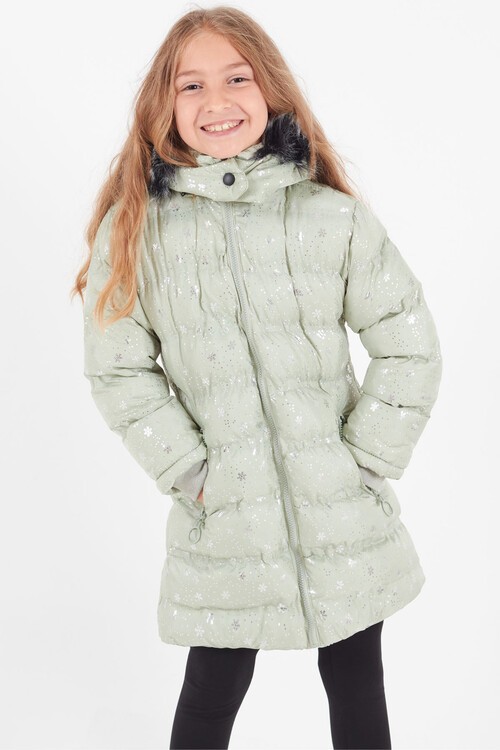 Kız Çocuk Mont Kar Desenli Kapüşonlu Şişme Mont 14530