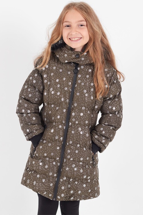 Kız Çocuk Mont Kar Desenli Kapüşonlu Şişme Mont 14530