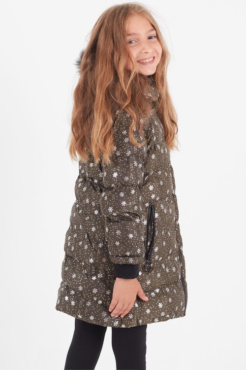 Kız Çocuk Mont Kar Desenli Kapüşonlu Şişme Mont 14530