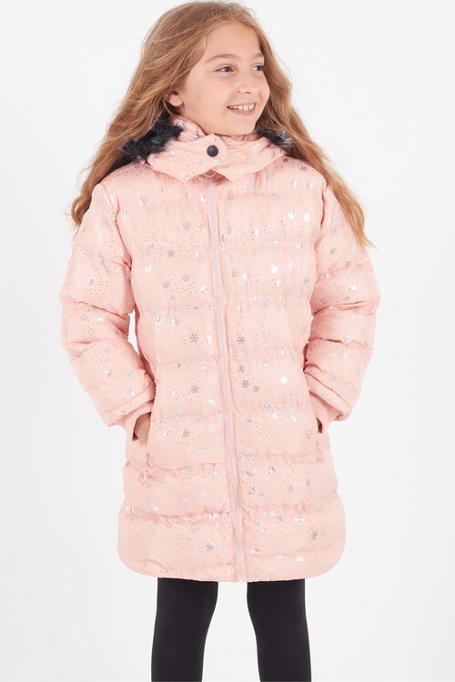 Kız Çocuk Mont Kar Desenli Kapüşonlu Şişme Mont 14530