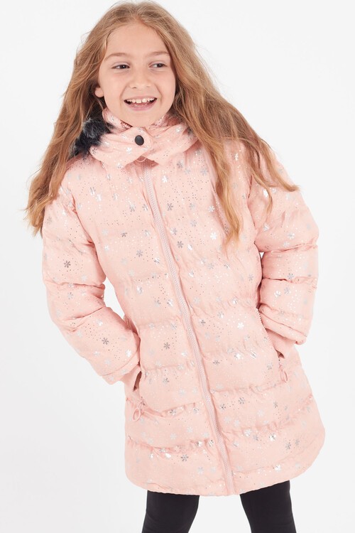 Kız Çocuk Mont Kar Desenli Kapüşonlu Şişme Mont 14530