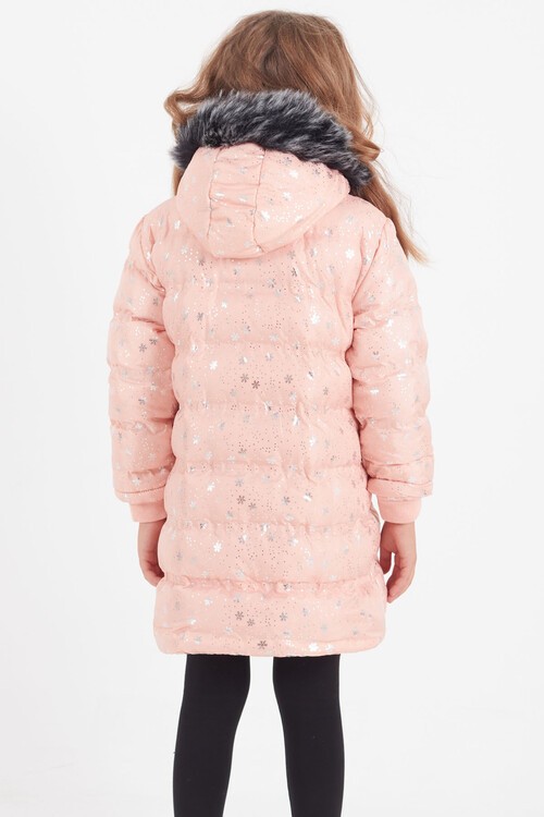 Kız Çocuk Mont Kar Desenli Kapüşonlu Şişme Mont 14530