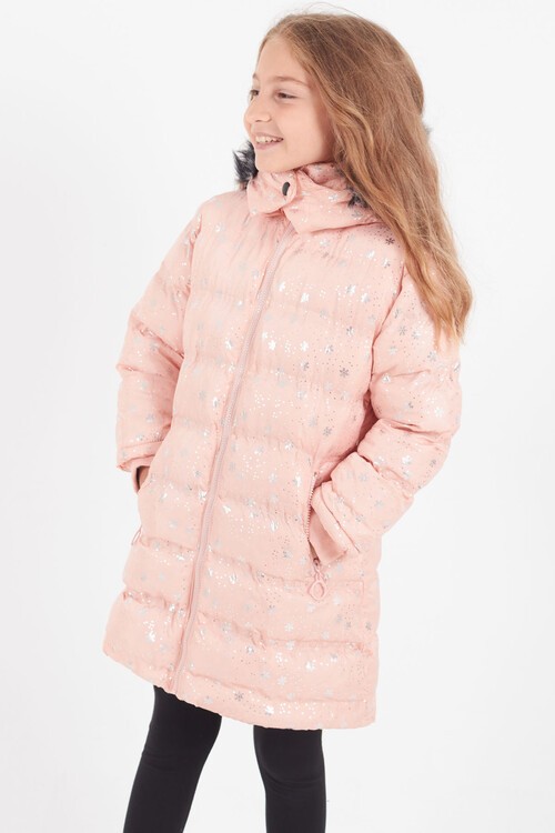 Kız Çocuk Mont Kar Desenli Kapüşonlu Şişme Mont 14530